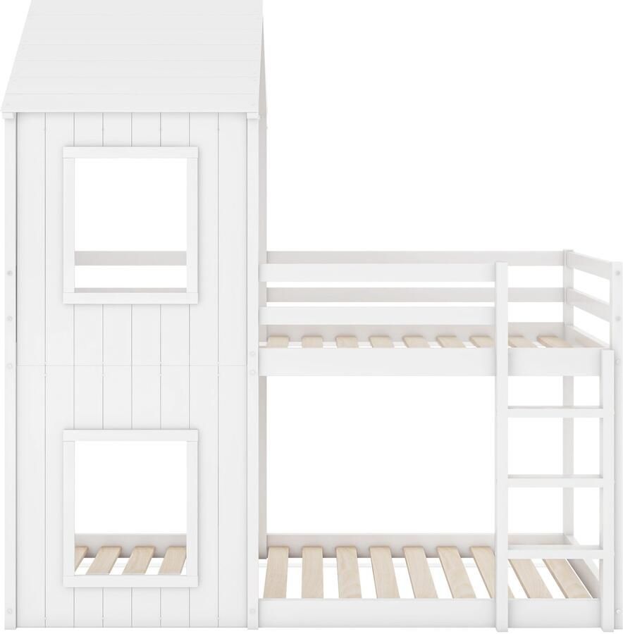 Mobrio Cabine stapelbed 90x200cm massief hout met 2 ramen Wit