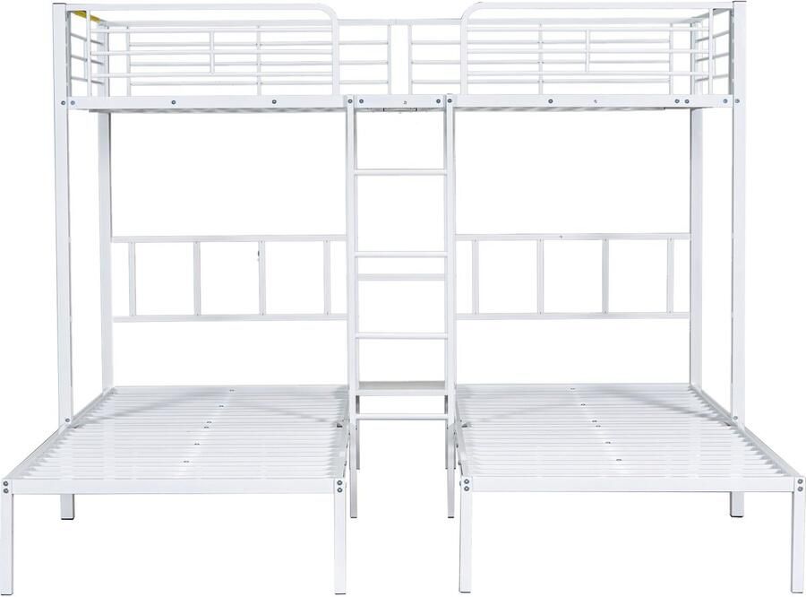 Mobrio Driedubbel stapelbed 3x90x200cm met ladder en dienblad metalen frame Wit