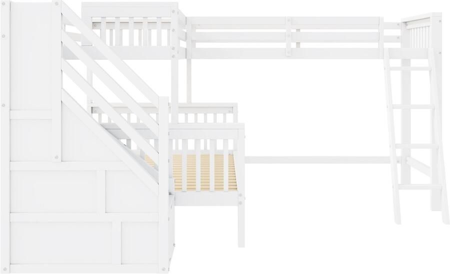 Mobrio Driedubbel stapelbed in massief hout 2x90x200cm + 140x200cm met ladder en opbergtrap Wit