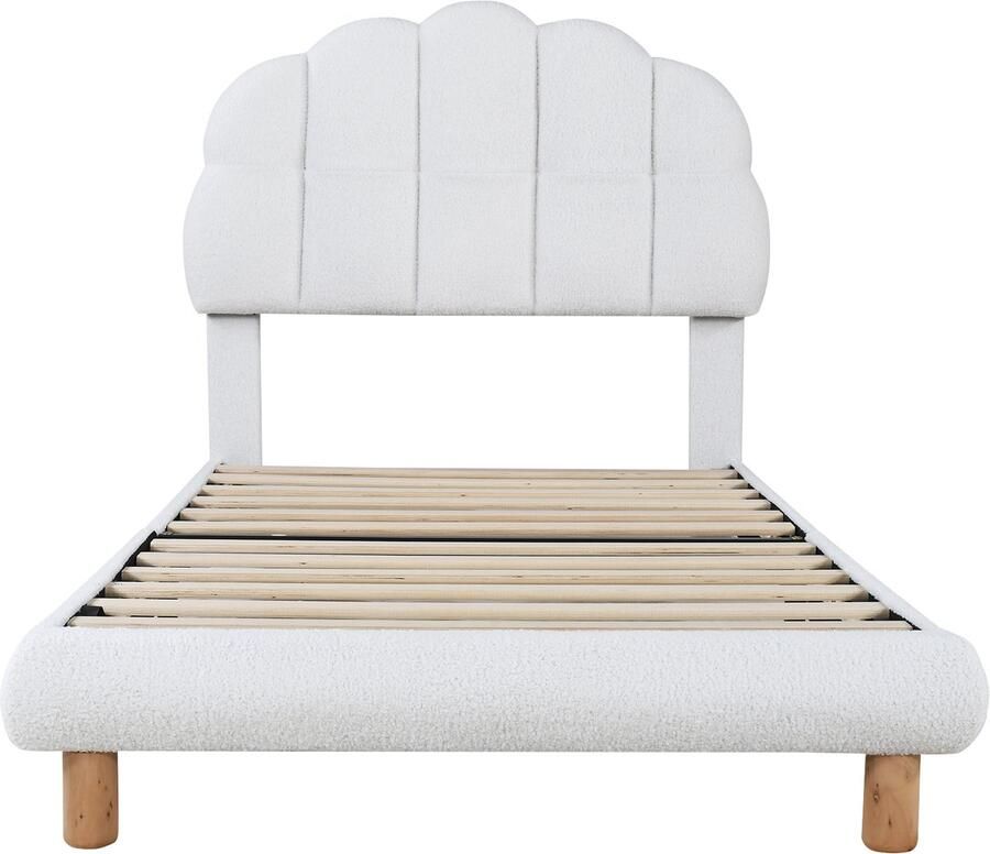 Mobrio Eenpersoons kinderbed 90x200cm bekleed met French Terry stof marshmallow-vormig hoofdeinde met MDF lattenbodem Wit