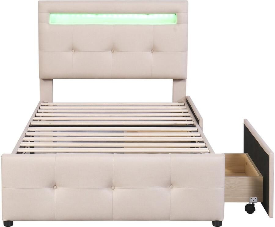 Mobrio Eenpersoonsbed 90x200cm in linnenstof met LED en 2 laden Beige