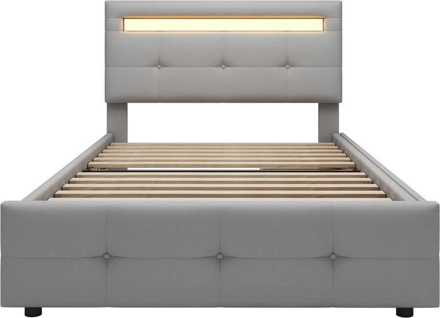 Mobrio Eenpersoonsbed 90x200cm in linnenstof met LED en 2 laden Grijs