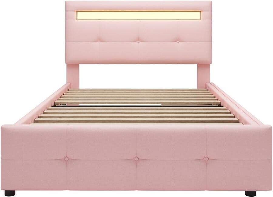 Mobrio Eenpersoonsbed 90x200cm in linnenstof met LED en 2 laden Roze