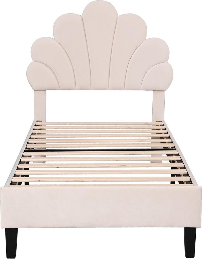 Mobrio Eenpersoonsbed bekleed met fluweel 90x200cm bloemvormig hoofdeinde met lattenbodem Beige