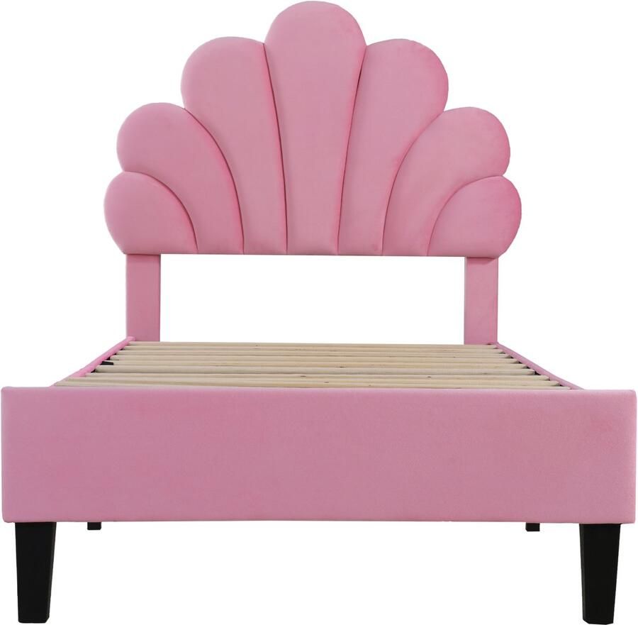 Mobrio Eenpersoonsbed bekleed met fluweel 90x200cm bloemvormig hoofdeinde met lattenbodem Roze