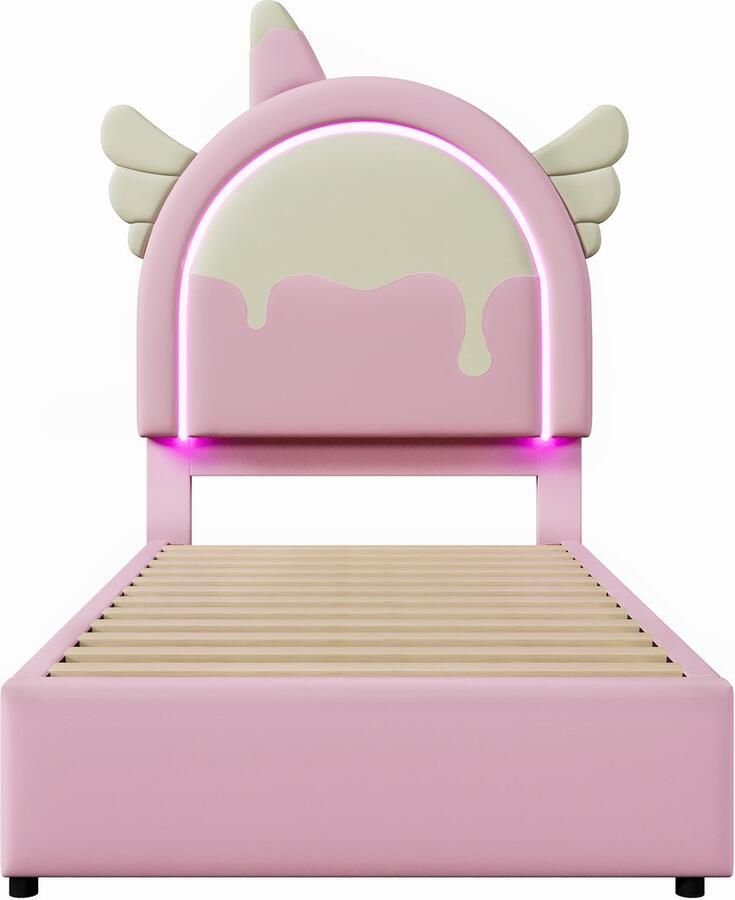 Mobrio Eenpersoonsbed bekleed met kunstleer 90x200 cm met LED en 2 lades Roze