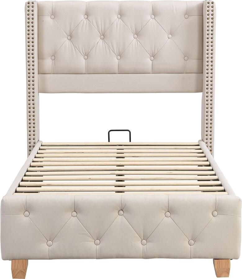 Mobrio Eenpersoonsbed gestoffeerd in linnen 90x200 cm met lattenbodem Beige