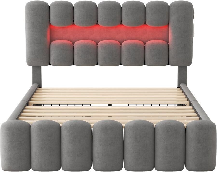 Mobrio Fluweel gestoffeerd bed 140x200cm 4 lades + LED + Oplaadpoorten + Lezer Grijs