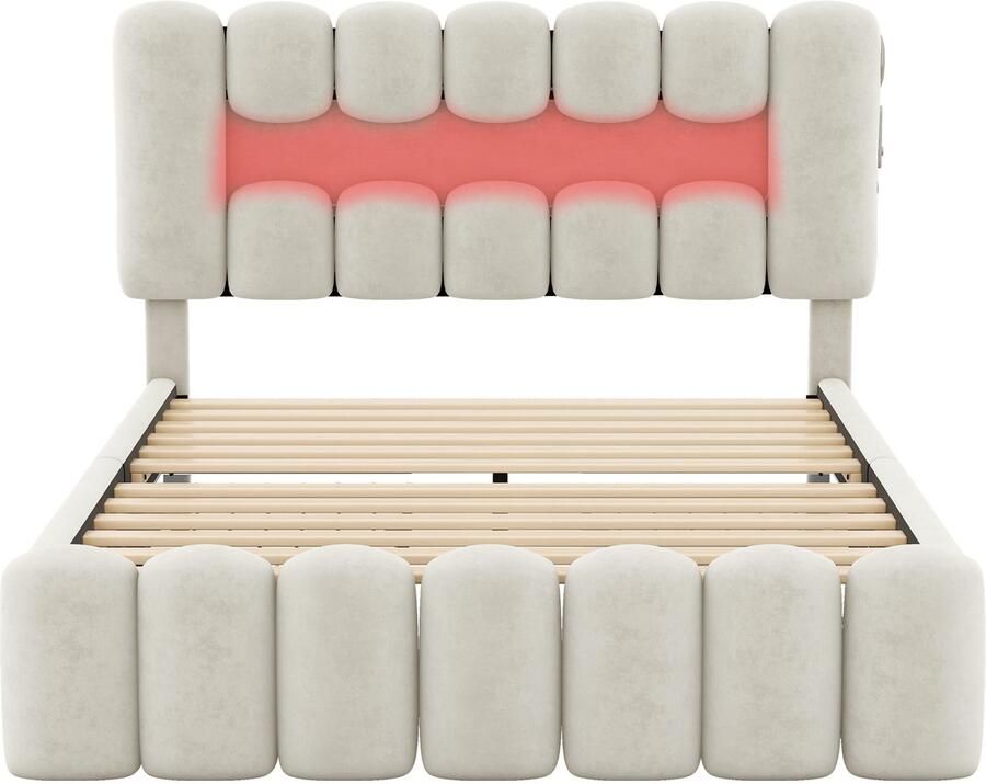 Mobrio Fluweel gestoffeerd bed 160x200cm 4 lades + LED + Oplaadpoorten + Lezer Beige