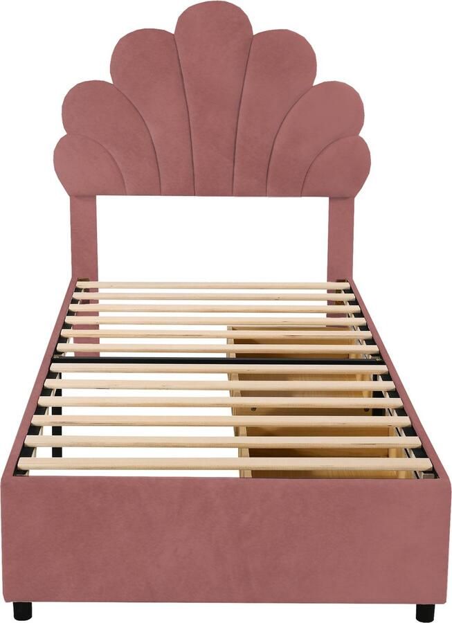 Mobrio Fluweel gestoffeerd eenpersoonsbed met 2 lades 90x200cm bloemvormig hoofdeinde met lattenbodem Rood