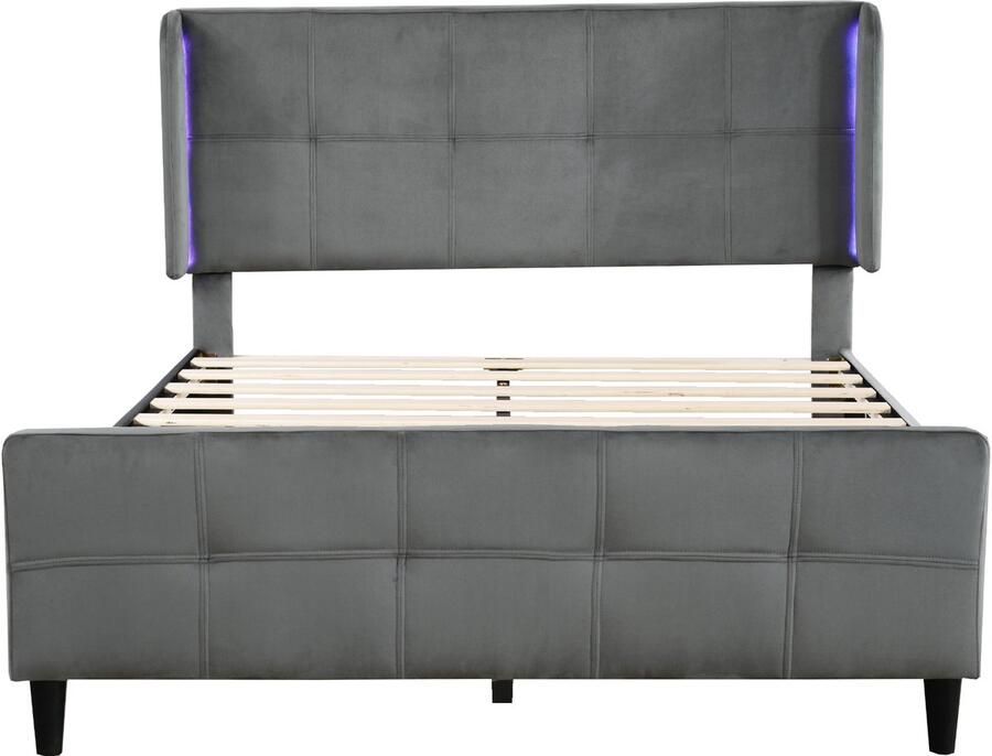 Mobrio Fluweel gestoffeerd tweepersoonsbed 140x200 cm met LED-lichtstrip in 16 kleuren in hoogte verstelbaar hoofdeinde Grijs