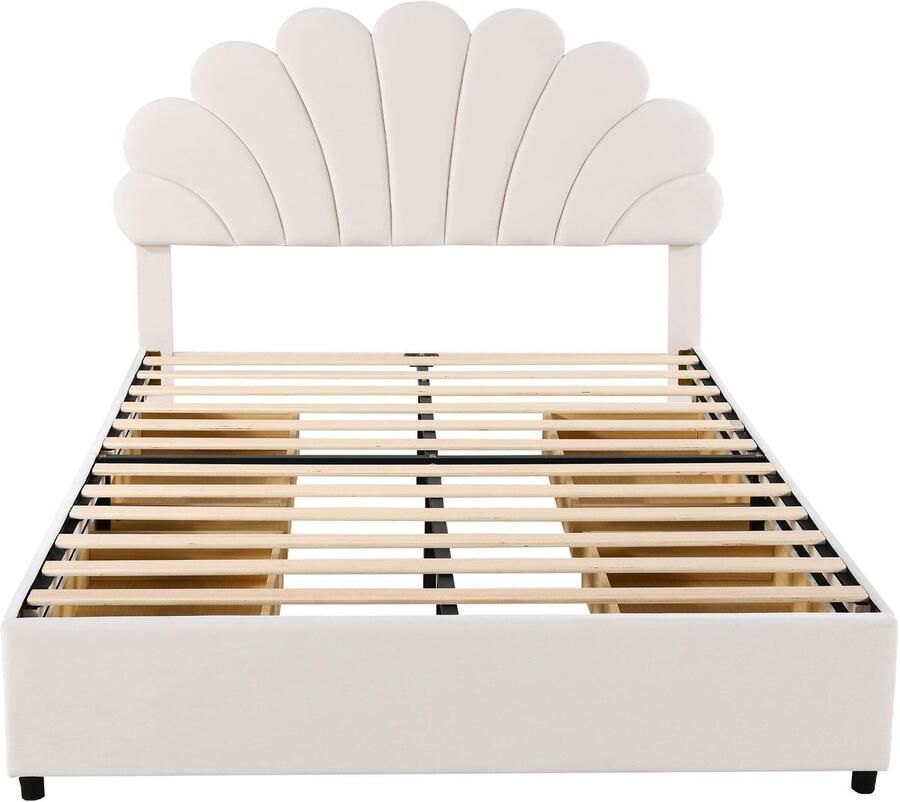 Mobrio Fluweel gestoffeerd tweepersoonsbed met 4 lades 140x200cm bloemvormig hoofdeinde met lattenbodem Beige