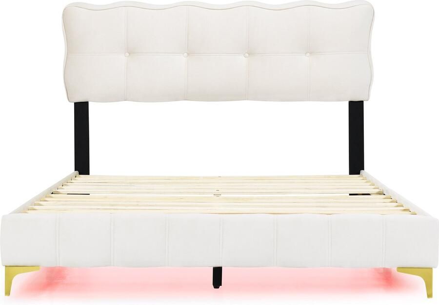 Mobrio Fluwelen bed 140x200cm met LED-verlichting en lattenbodem Beige