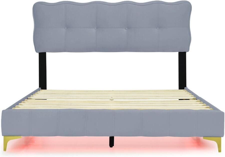 Mobrio Fluwelen bed 140x200cm met LED-verlichting en lattenbodem Grijs