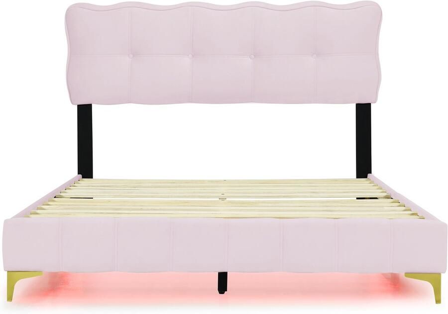 Mobrio Fluwelen bed 140x200cm met LED-verlichting en lattenbodem Roze