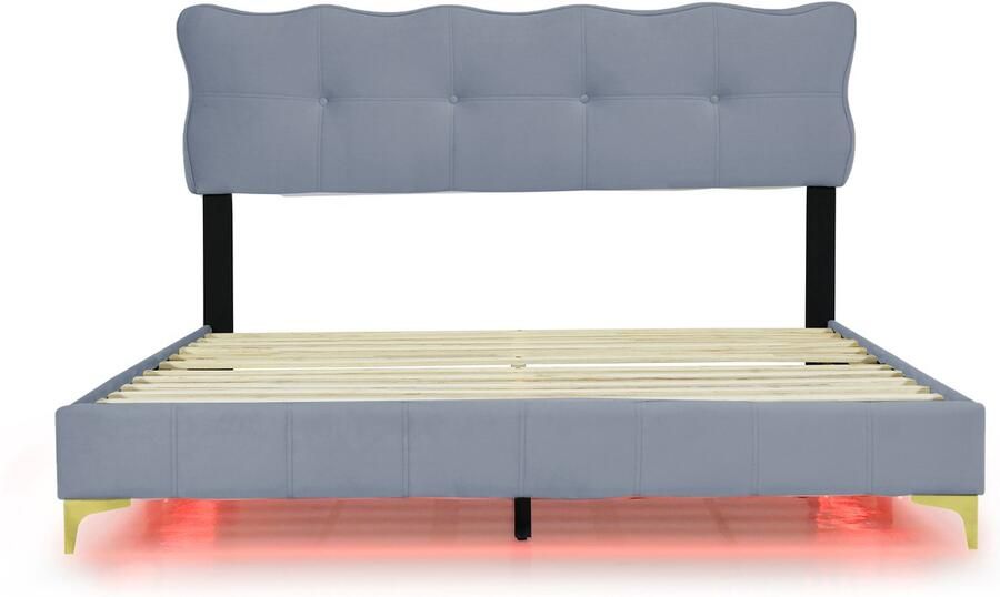 Mobrio Fluwelen bed 160x200cm met LED-verlichting en lattenbodem Grijs