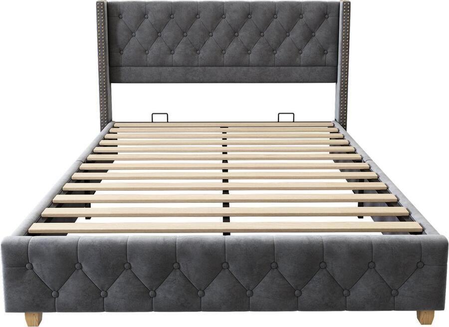 Mobrio Fluwelen gewatteerd volwassen bed 160x200cm met lattenbodem Grijs