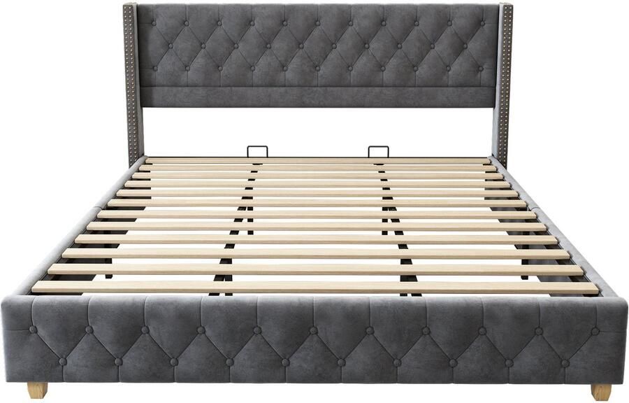 Mobrio Fluwelen gewatteerd volwassen bed 180x200cm met lattenbodem Grijs