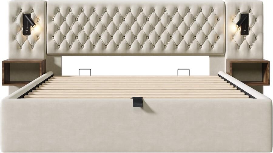 Mobrio Fluwelen opbergbed 180x200 cm 2 nachtkastjes + 2 leeslampjes met USB-aansluiting Beige (matras niet inbegrepen)