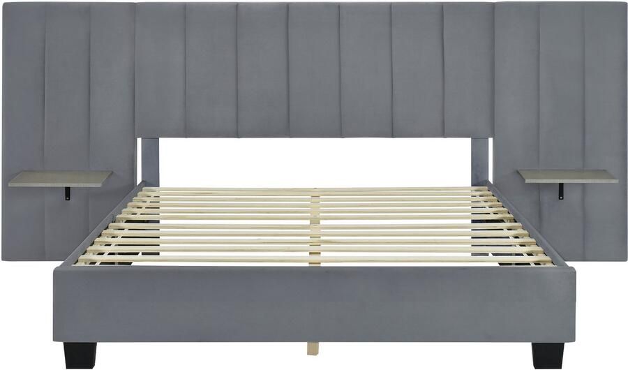 Mobrio Gestoffeerd bed 160 x 200 cm met verlengd hoofdbord en rugleuning planken aan weerszijden van het hoofdbord fluwelen stof Grijs