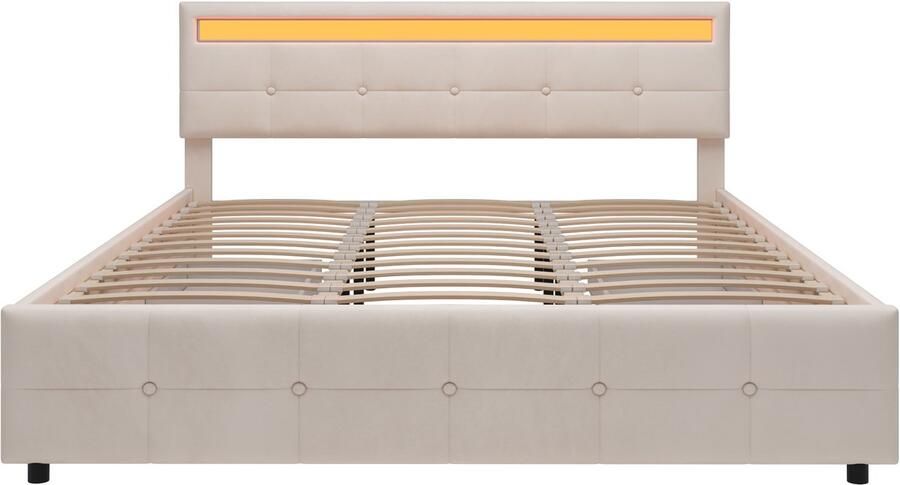 Mobrio Gestoffeerd bed 180x200cm in fluweel met LED en 4 lades + lattenbodem Beige