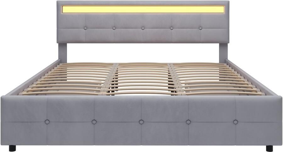 Mobrio Gestoffeerd bed 180x200cm in fluweel met LED en 4 lades + lattenbodem Grijs