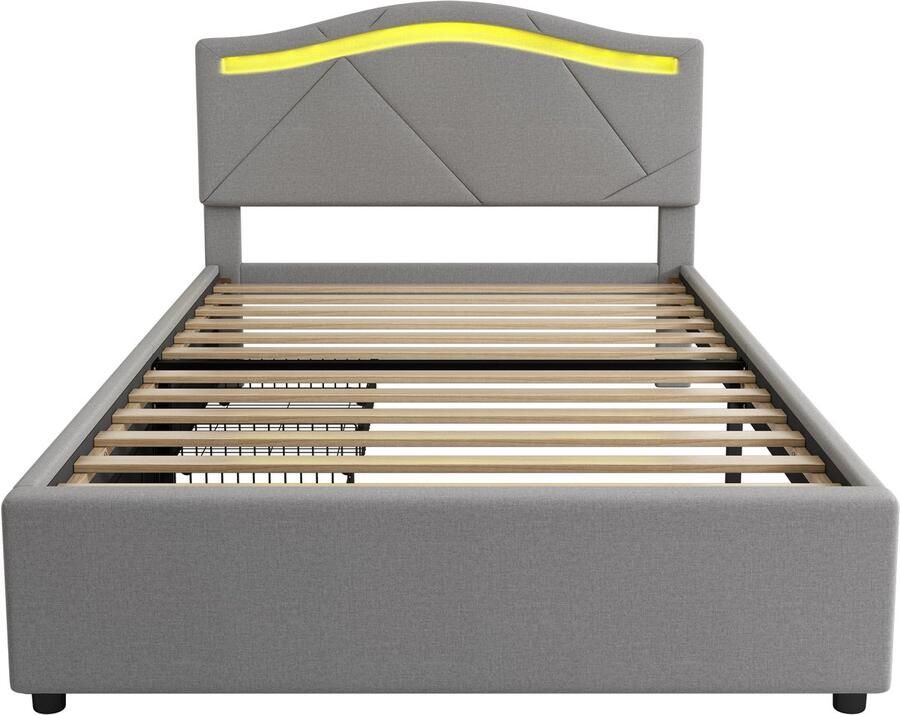 Mobrio Gestoffeerd bed 90x200 cm met LED-verlichting met 2 lades linnen bed met lattenbodem grijs (matras niet inbegrepen)