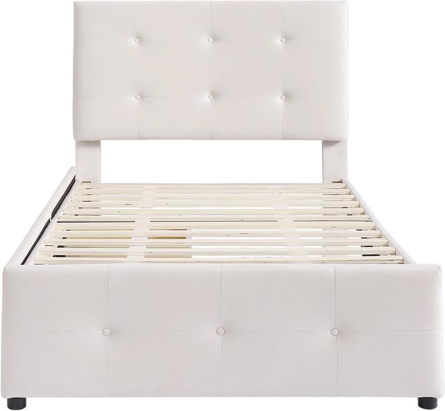 Mobrio Gestoffeerd fluwelen bed 90x200cm eenpersoonsbed met 2 lades en lattenbodem Beige