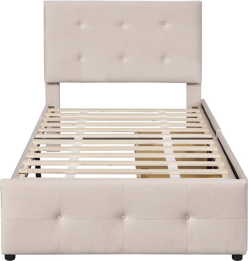 Mobrio Gestoffeerd fluwelen bed 90x200cm eenpersoonsbed met 2 lades en lattenbodem Crème