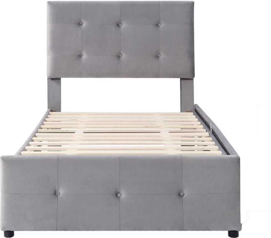 Mobrio Gestoffeerd fluwelen bed 90x200cm eenpersoonsbed met 2 lades en lattenbodem Grijs