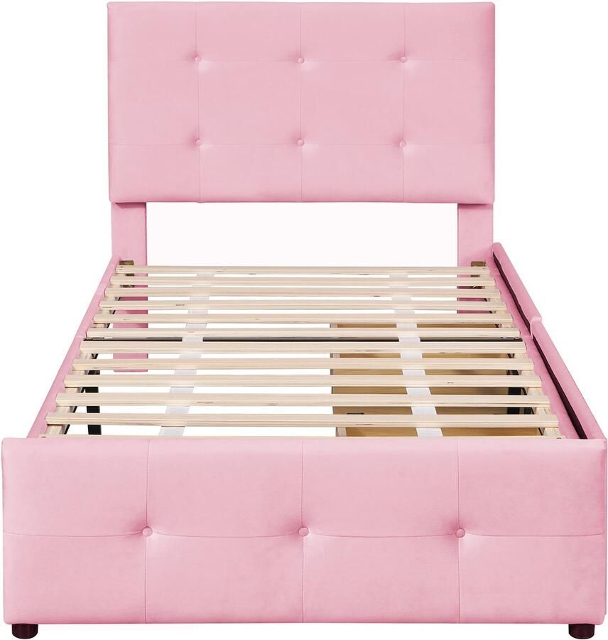 Mobrio Gestoffeerd fluwelen bed 90x200cm eenpersoonsbed met 2 lades en lattenbodem Roze