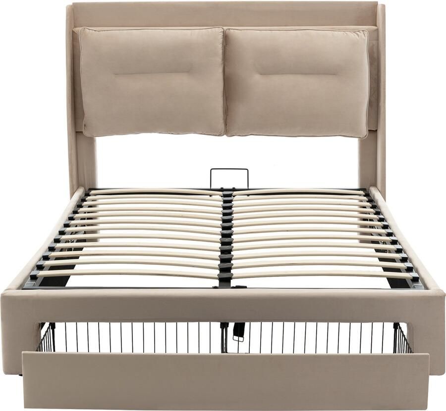 Mobrio Gestoffeerd fluwelen opbergbed 140x190 cm 2 lades aan het voeteneind van het bed LED-lichtstrip verzonken aan het voeteneind van het bed Beige (zonder matras)