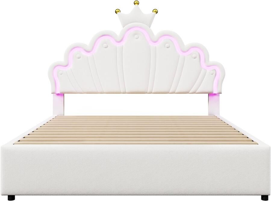 Mobrio Gestoffeerd kinderbed 140x200 cm met LED en 2 lades Wit