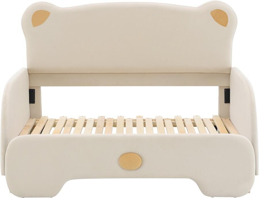 Mobrio gestoffeerd kinderbed 140x200cm in fluweel onderschuifbed met beervormig hoofdeinde en lattenbodem Beige