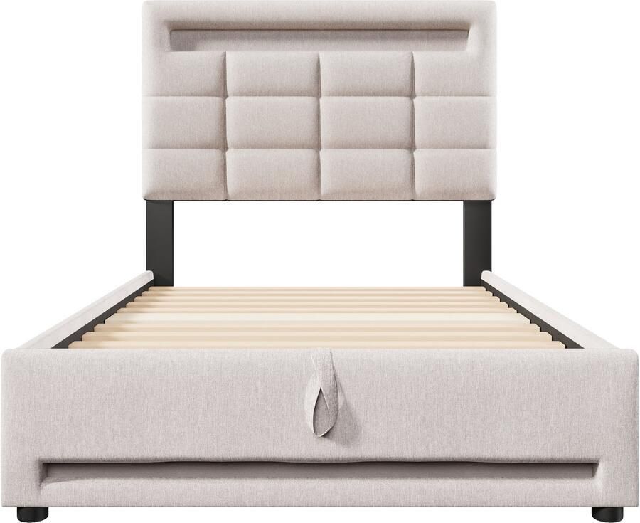 Mobrio Gestoffeerd opbergbed 90x200cm met LED-verlichting Linnen Beige (zonder matras)