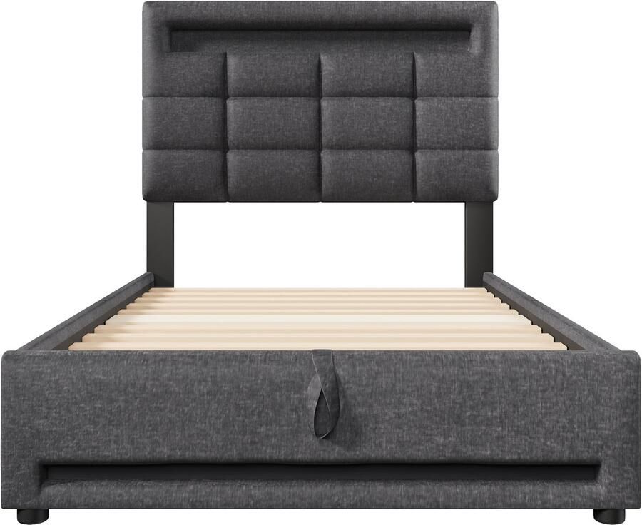 Mobrio Gestoffeerd opbergbed 90x200cm met LED-verlichting Linnen Grijs (zonder matras)