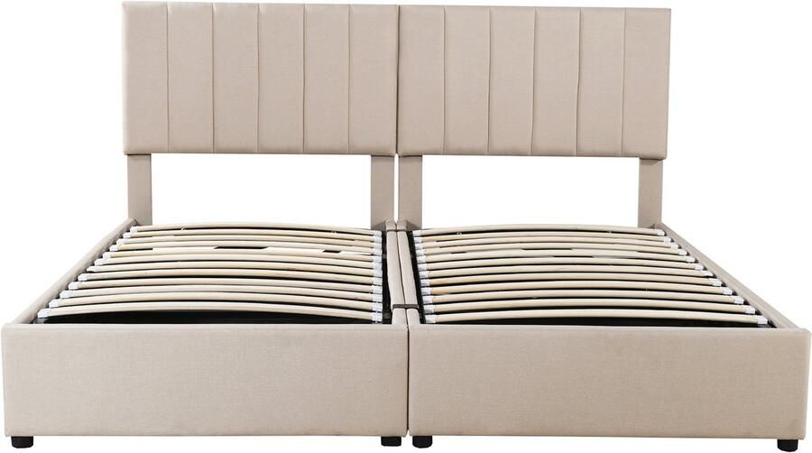 Mobrio Gestoffeerd opbergbed in linnenstof 180x200cm om te bouwen tot 2 eenpersoonsbedden Beige