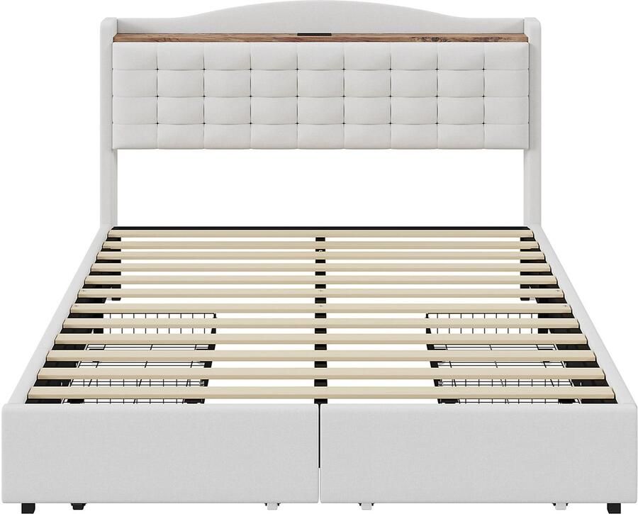 Mobrio Gestoffeerd tweepersoonsbed 140x200 cm met USB met 4 lades linnen beige (matras niet inbegrepen)