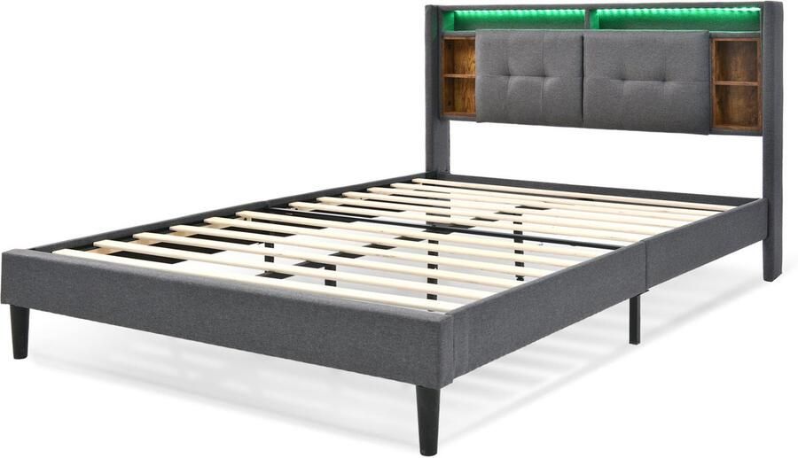 Mobrio Gestoffeerd tweepersoonsbed 140x200cm in linnen met LED en USB-oplaadpoort lattenbodem Grijs