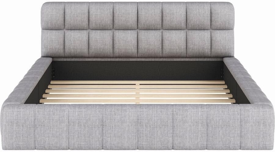 Mobrio Gestoffeerd tweepersoonsbed 140x200cm linnen stof met dikke rugleuning en lattenbodem Grijs