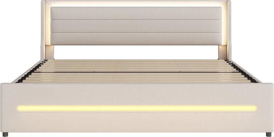 Mobrio Gestoffeerd tweepersoonsbed 180x200cm in linnen met 4 lades en LED verlichting met lattenbodem Beige
