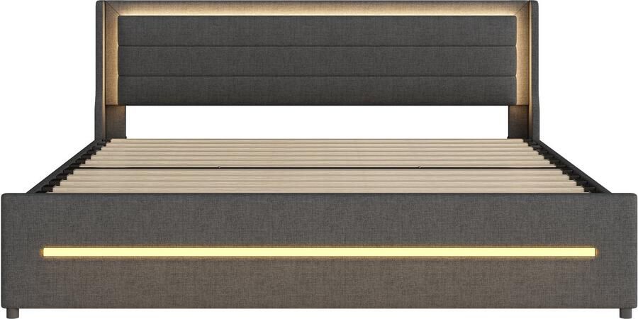 Mobrio Gestoffeerd tweepersoonsbed 180x200cm in linnen voorzien van 4 lades en LED verlichting met lattenbodem Grijs