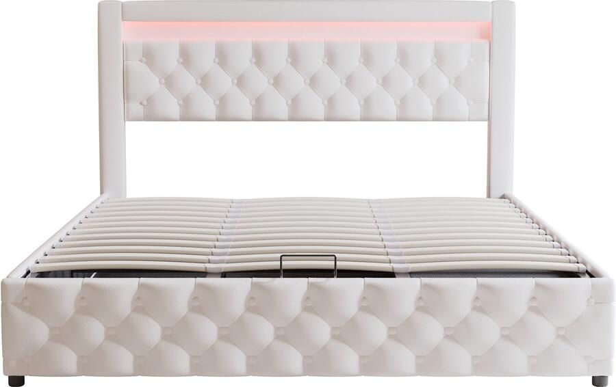 Mobrio Gevulde kistbed 160 x 200 cm dubbelbed met lades met LED-verlichting met sommier met spijlen PU wit (matras niet inbegrepen)