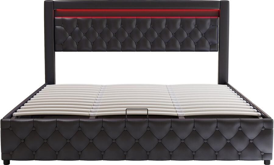 Mobrio Gevulde kistbed 180 x 200 cm dubbelbed met lades met LED-verlichting met sommier met spijlen PU zwart (matras niet inbegrepen)