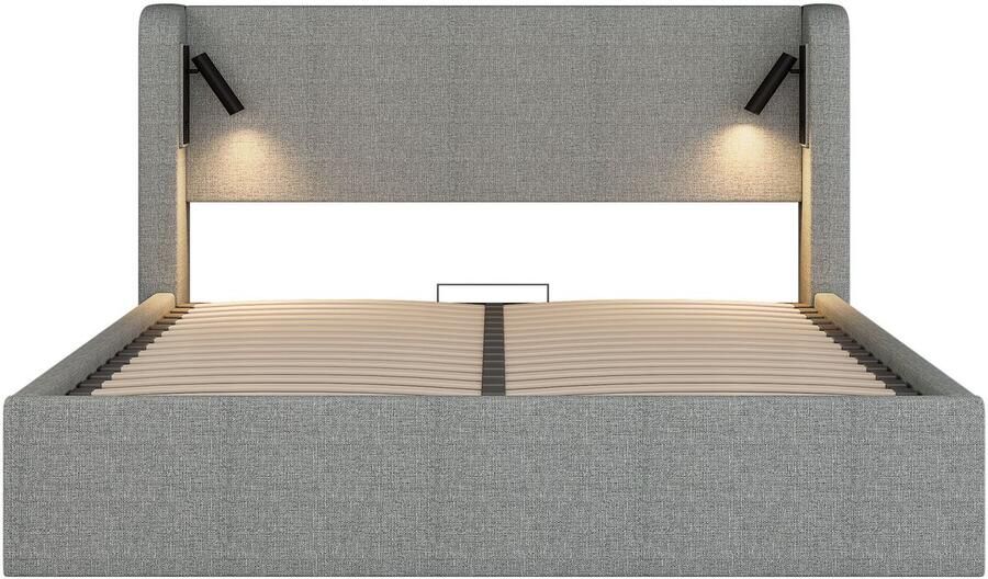 Mobrio Gevulde matras 140x190 cm dubbelbed met verlichting sommier met spijlen linnen grijs (matras niet inbegrepen)