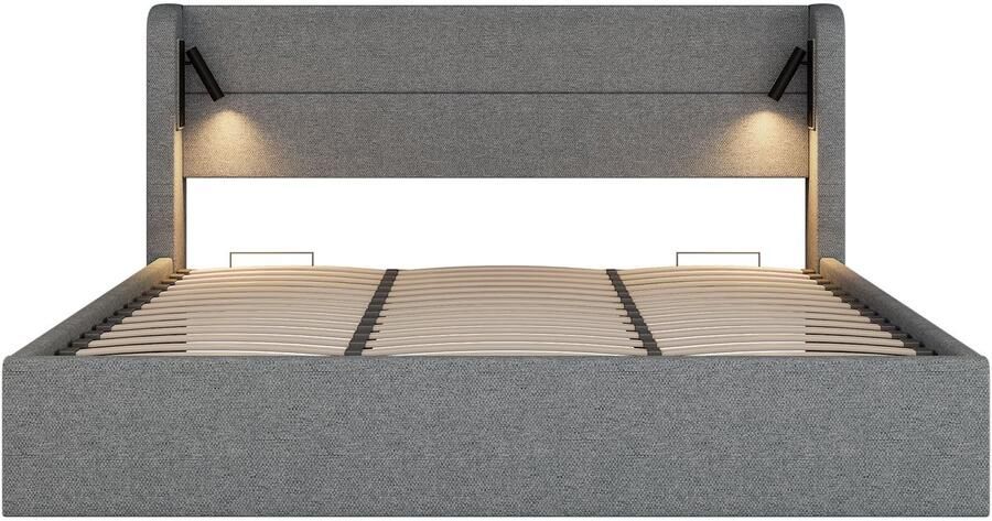 Mobrio Gevulde matras 180x200 cm dubbelbed met verlichting sommier met spijlen grijs (matras niet inbegrepen)