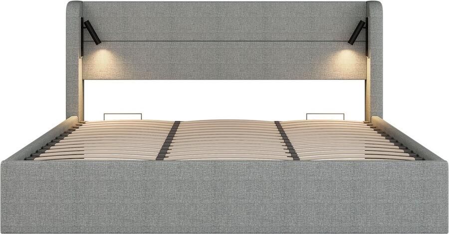 Mobrio Gevulde matras 180x200 cm dubbelbed met verlichting sommier met spijlen linnen grijs (matras niet inbegrepen)