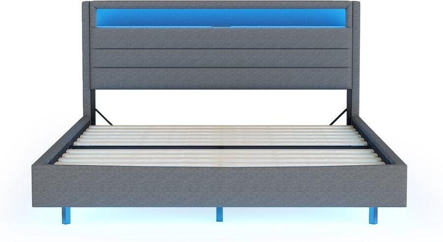 Mobrio Gewatteerd bed 160x200cm in linnenstof met USB-aansluiting en LED omkeerbaar hoofdeinde Grijs