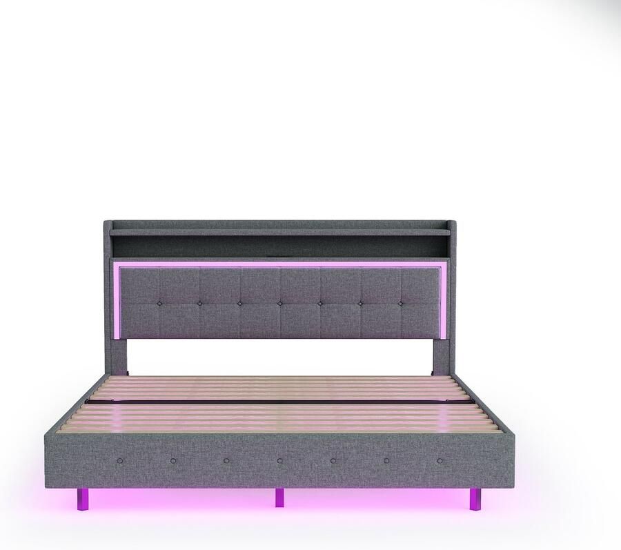 Mobrio Gewatteerd bed van 140x200cm in linnenstof met USB en LED-aansluiting Grijs