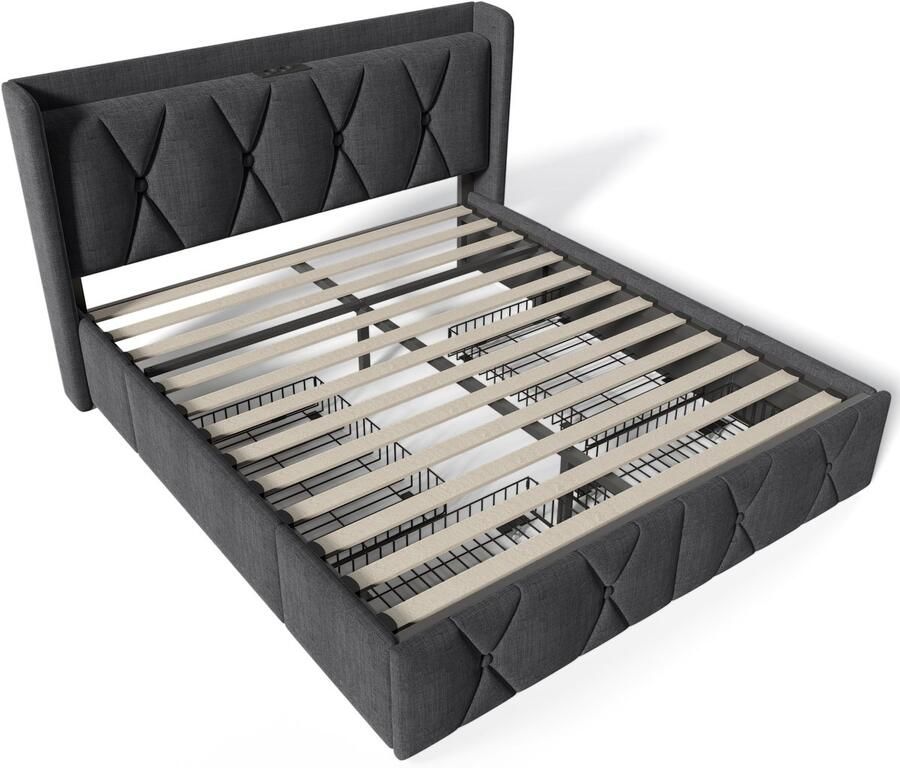 Mobrio Gewatteerd linnen bed 140x200cm met 4 laden en USB-oplaadpoorten Grijs (matras niet inbegrepen)